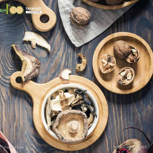 Khay tre phục vụ tròn có tay cầm TRAMDOT